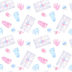 Seamless pattern pink blue baby pacifier, palm, handprint, footprint, envelope. Boy or girl. Hand drawn watercolor illustration isolated on white background. Baby shower, gender reveal party