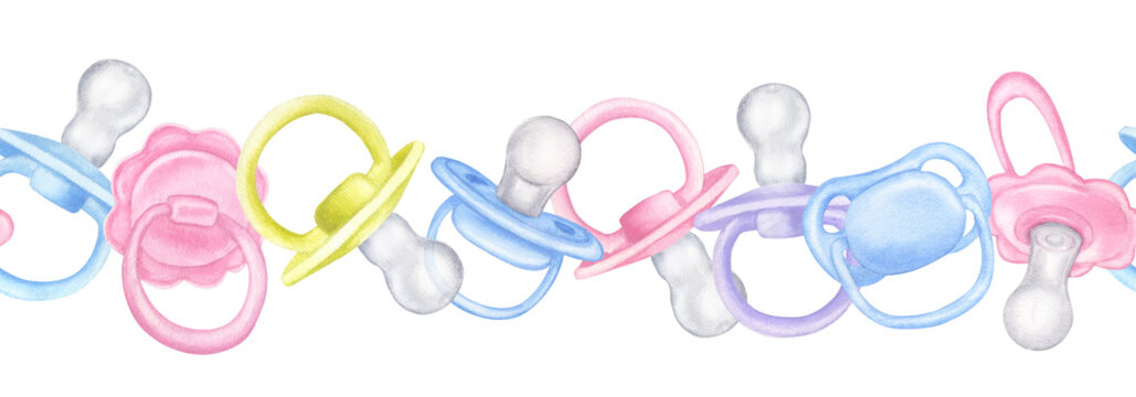 Seamless border baby boy girl pacifier dummy. Pink blue violet green. Hand drawn watercolor illustration isolated on white background. Collection to newborn, baby shower, gender reveal party