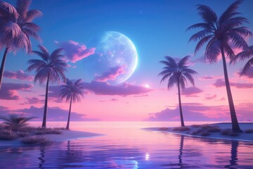 Fototapeta na wymiar Luminous Retrofuturistic Moonrise Over Tropical Beach