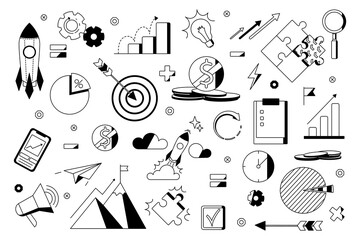 Set of black and white icons for business, startup, company, planning, managing