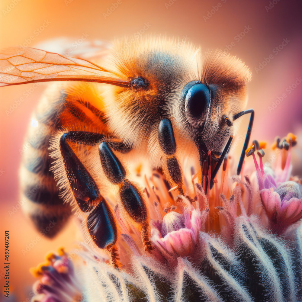 Poster closeup of a honeybee collecting nectar in nature. ai generative