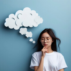 Photo of a girl stands thoughtfully and a cloud of thoughts flies out of her head, solid blue background. ai generative