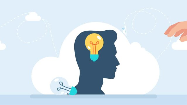 Hand installing light bulb on human head. The businessman changes the lightbulb. New business idea in human head, thinking about success solution, lightbulb as creativity metaphor. 2d flat animation