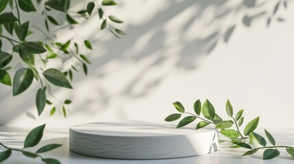 Minimalist White Wooden Pedestal Presentation with Leaf Accents
