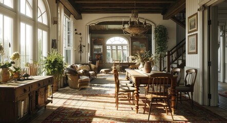 Classic Farmhouse Charm: Antique Dining Room Furnishing and Interior Design in English Country Cottage Style