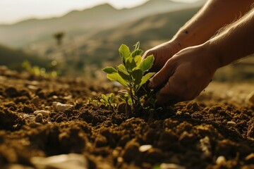 Fototapeta premium Sustainable Agriculture: Planting Young Tree in Soil