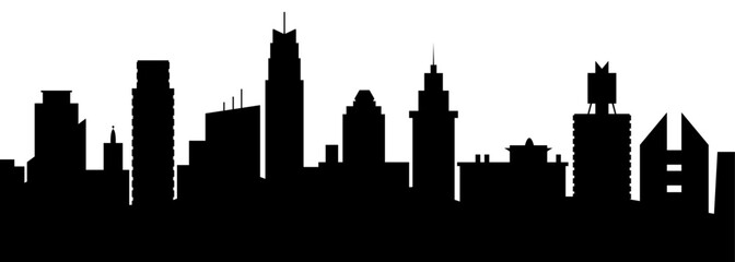 Urban city skyline with skyscrapers panorama, black silhouette vector design on transparent background