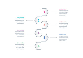 six step informational template. colorful hexagons infographic template. magazine, business, annual report, internet, web, education infographic template