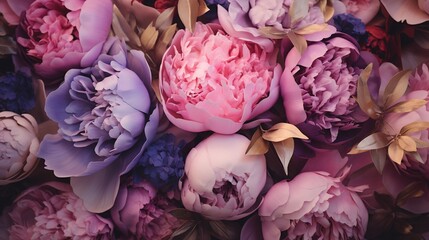 An HD close-up shot of a luxurious arrangement of peonies with a mix of pink and purple, nestled in a Marquetry-style setting, their petals adorned in soft pastel shades.