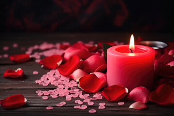 Valentines day background with red rose petals and burning candle