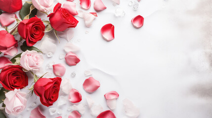 Red and white roses and petals on white background with copy space. Valentines day background.