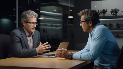 Cybersecurity expert consulting with a small business owner about protecting their digital assets. Professional discussion about online security and data protection in modern entrepreneurship