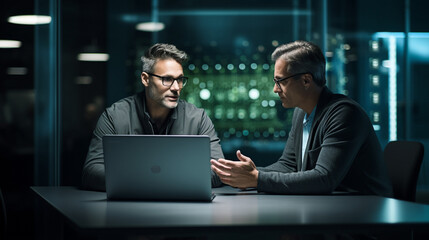 Cybersecurity expert consulting with a small business owner about protecting their digital assets. Professional discussion about online security and data protection in modern entrepreneurship