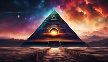 Mysterious pyramid that opens dimension doors to other universes - Generative AI - obrazy, fototapety, plakaty
