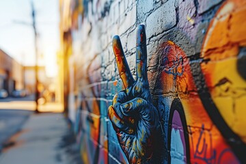 Fototapeta na wymiar Urban Peace Sign Graffiti Art on Brick Wall