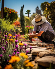 A landscaper creating a drought-resistant garden for a homeowner, focusing on sustainable gardening