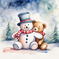 Cute watercolor snowman and brown teddy bear in snowflakes with striped winter scarves 