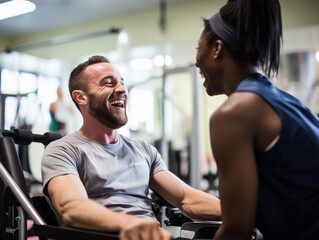 Inclusive Fitness: Personal Trainer Assisting Client with Physical Disability - obrazy, fototapety, plakaty