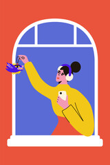 Woman in window with Christmas dragon toy and phone in her hands. Character celebrating New Year. Cartoon vector illustration for postcard, T shirt, cover, shopper bag and more.