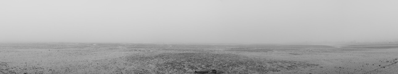 panoramic image of low tide in a river with silt on a very foggy day - obrazy, fototapety, plakaty