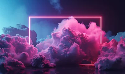 Fotobehang neon pink and blue pastel  light frame in a surreal cloud dreamscape © Klay
