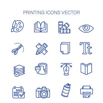 Printing vector icon set in thin line style, printing line icon vector design