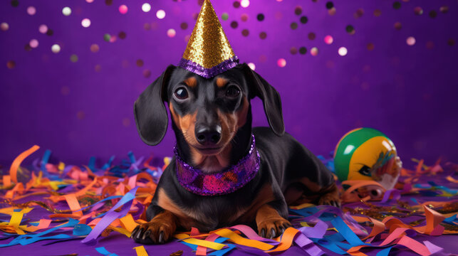 a dachshund puppy dog wearing birthday party hat  with confetti and strams over purple background