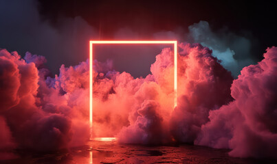 pastel peach neon frame in a dramatic cloud landscape - obrazy, fototapety, plakaty