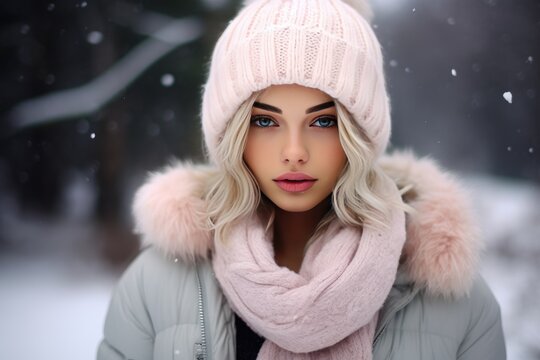 A cozy happy cheerful young woman in winter clothes, hats and scarves.