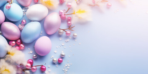 pastel violet easter background, flat lay style, easter eggs and flowers