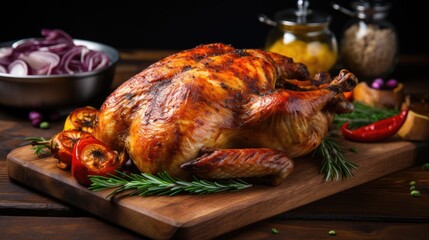 Tasty roast chicken on wooden table
