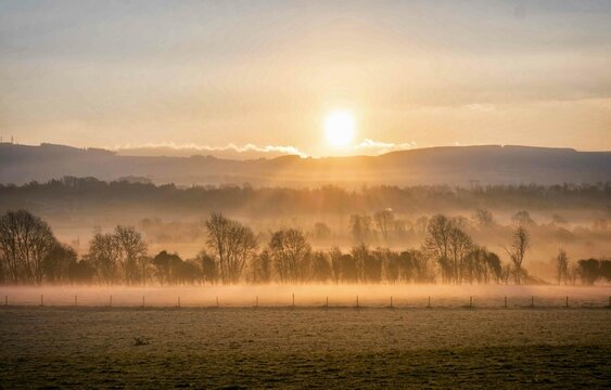 Beautiful Foggy Sunrise at Farm in Ireland