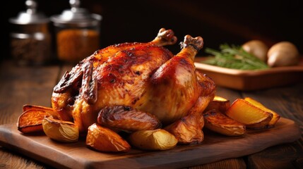Tasty roast chicken on wooden table - obrazy, fototapety, plakaty