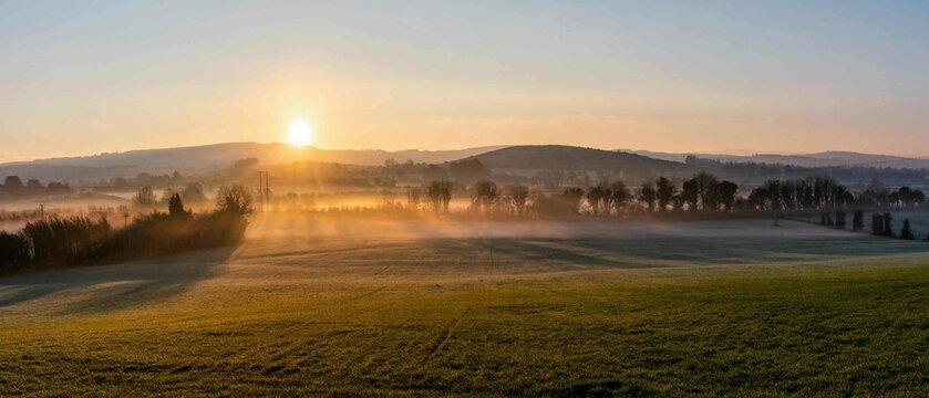 Beautiful Foggy Sunrise at Farm in Ireland