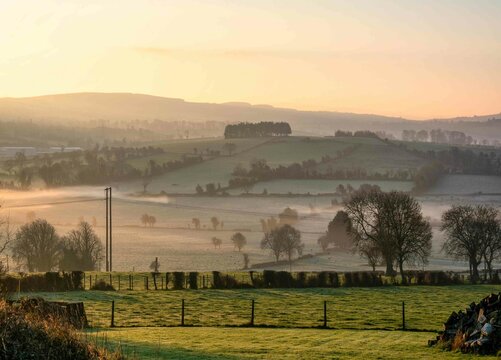 Beautiful Foggy Sunrise at Farm in Ireland