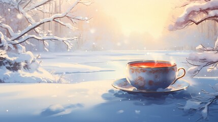 Naklejka na ściany i meble A soothing cup of tea nestled in a snowy wonderland