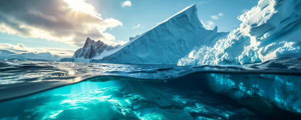 iceberg with visible underwater part and sunlight. glacier landscape