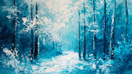 Snowy winter forest Artistic painting. background image for winter holidays. Generative AI