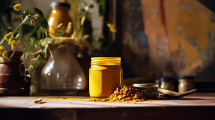 Fototapeta na wymiar Transform your kitchen with vibrant turmeric in an exquisite glass bottle.