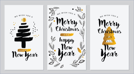 Vector set of hand drawn of greeting cards. Great print for invitations, posters, tags. Merry Christmas.Happy New Year. Happy holidays. Festive banners in flat cartoon style, vintage colors - obrazy, fototapety, plakaty