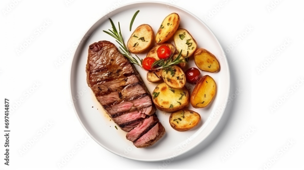 Wall mural top view of delicious grilled beef steak and rustic potatoes wedges. ai generative - Wall murals