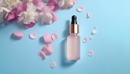 Bottle of cosmetic serum, beautiful flowers and petals on light blue background, flat lay