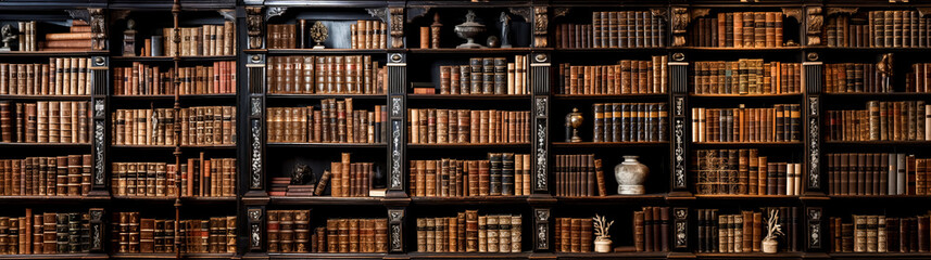 Old bookshelves with candles, lanterns and other decorative objects. Panoramic view.