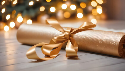 Close up of yoga mat with gift ribbon, home festive decorated fairy bokeh lights, for Christmas, New Year. Healthy lifestyle, weight loss, Blurred de-focused garland lights, gold bokeh
