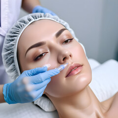 Cosmetologist making mesotherapy injection with dermapen on face for rejuvenation on spa center