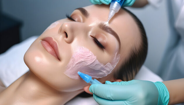 Cosmetologist making mesotherapy injection with dermapen on face for rejuvenation on spa center