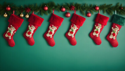Hanging red christmas stockings filled with gifts, copyspace, green background.
