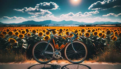 Fototapete Vintage racing bicycle against a stone wall  sunset over rolling hills  golden light illuminating the serene rural landscape. © Robert
