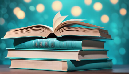 Fototapeta premium Many hardcover books on turquoise background, space for text. Library material