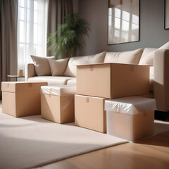 Modern furniture covered with plastic film and boxes at home